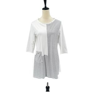 Neon Buddha White Long Sleeve Knit Black Stripe Asymmetrical Tunic Top